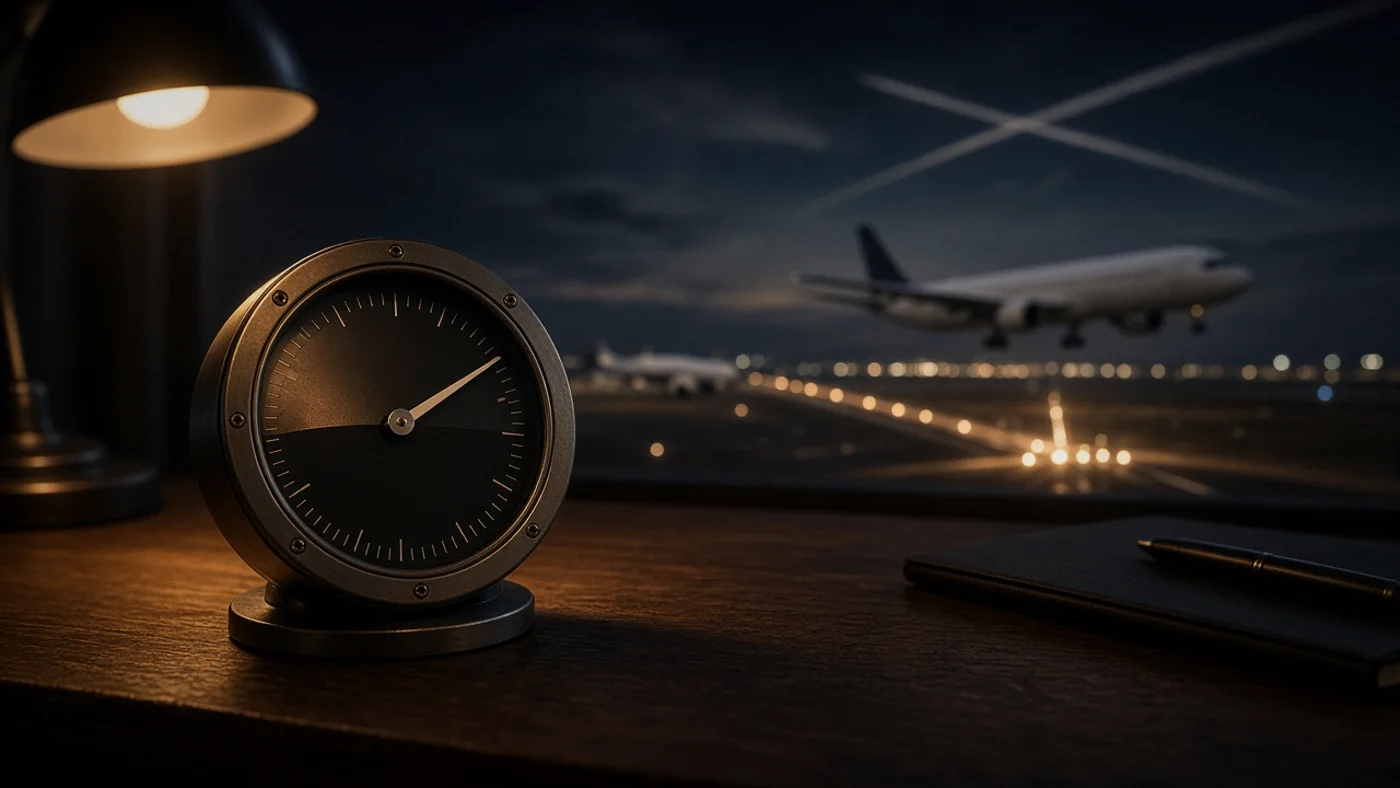 An analog gauge on a desk, like a cockpit instrument