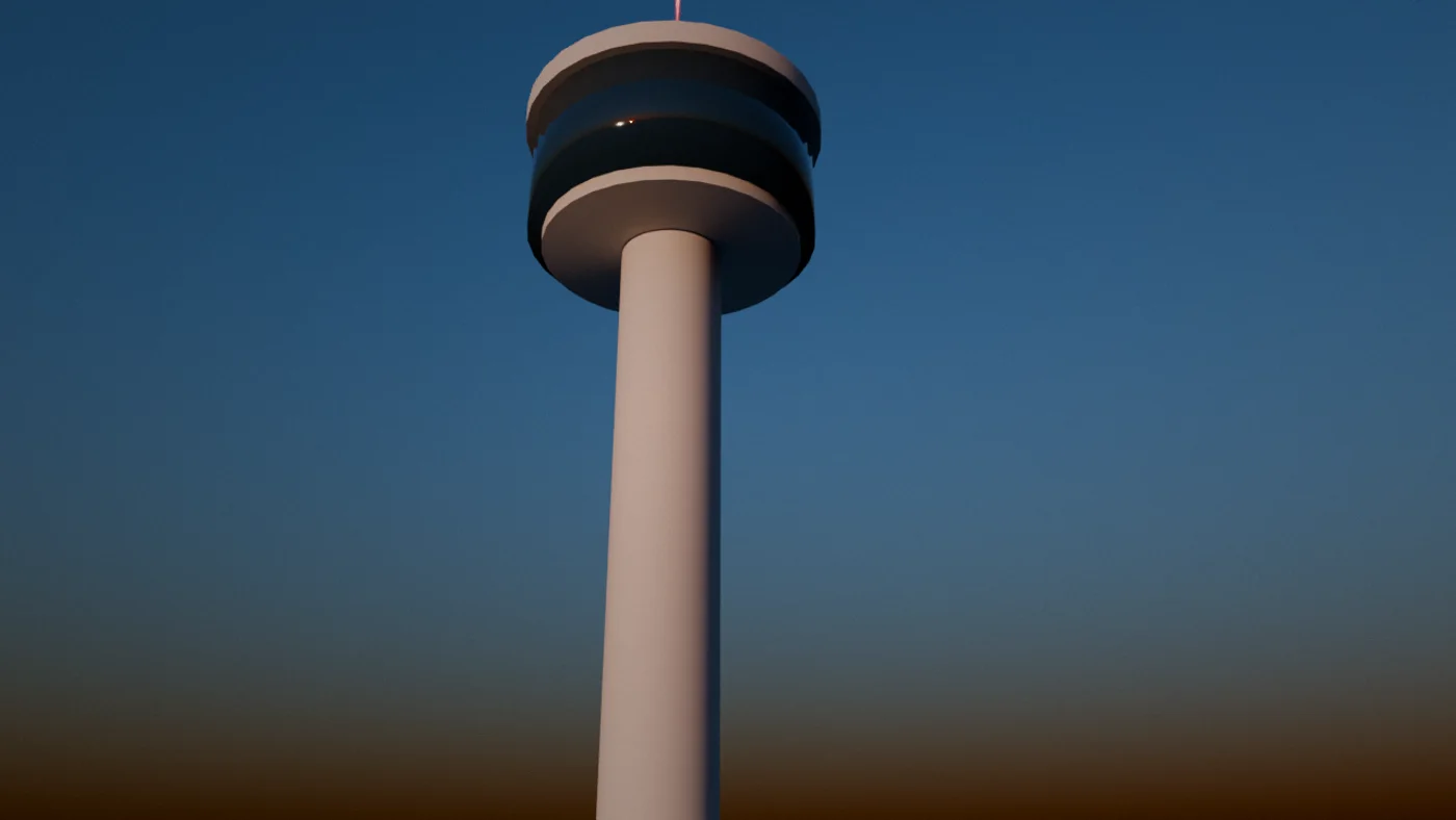 An airport control tower beside the runway at dusk