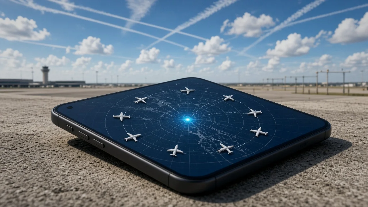 A simple illustration of a radar-style phone screen beside a row of small aircraft silhouettes over an airfield outline.