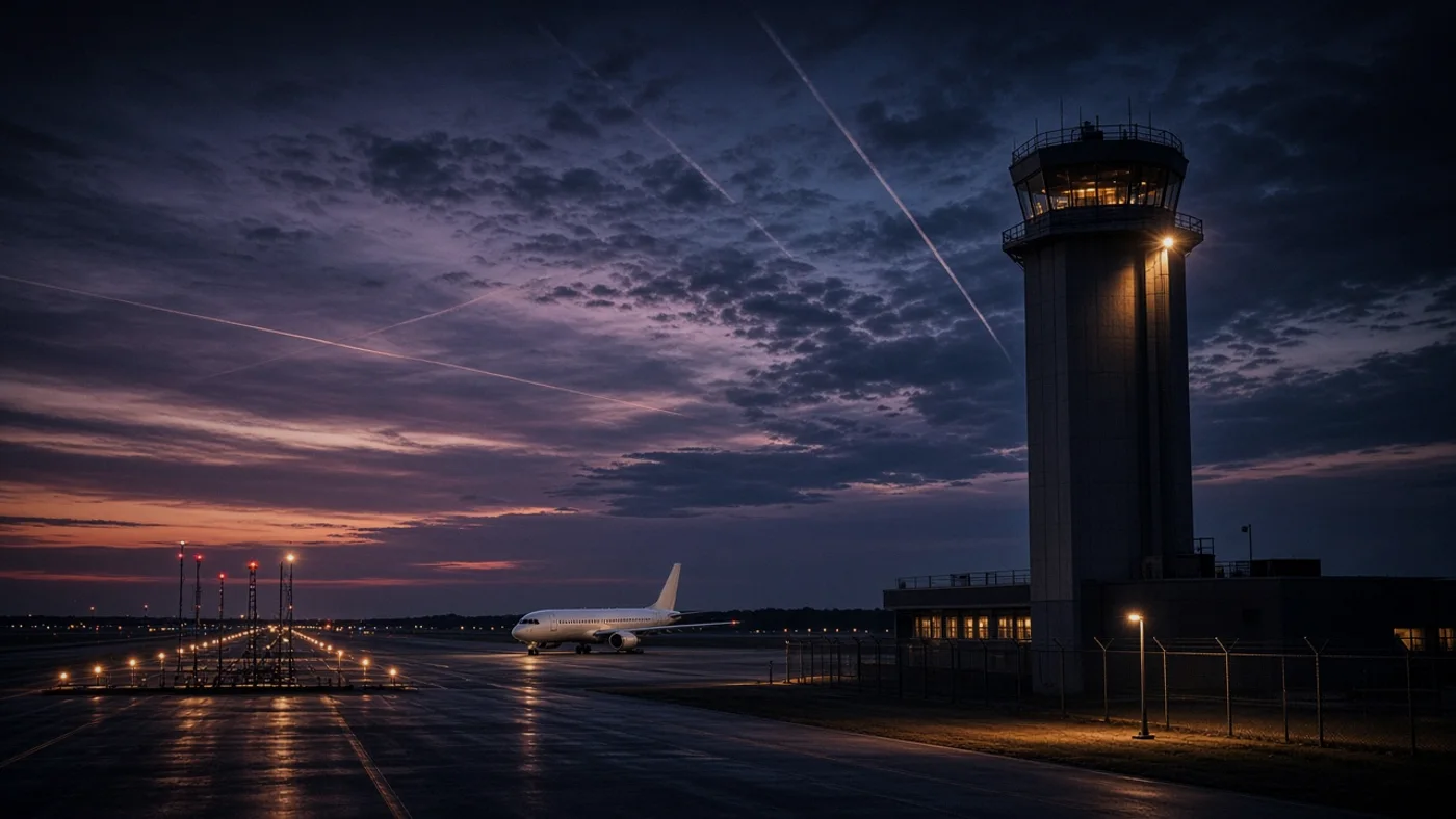 An airport control tower beside the runway at dusk