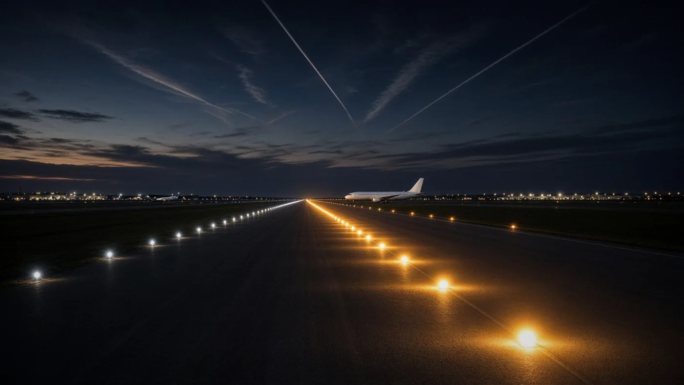 Runway edge lights stretching into the distance at night