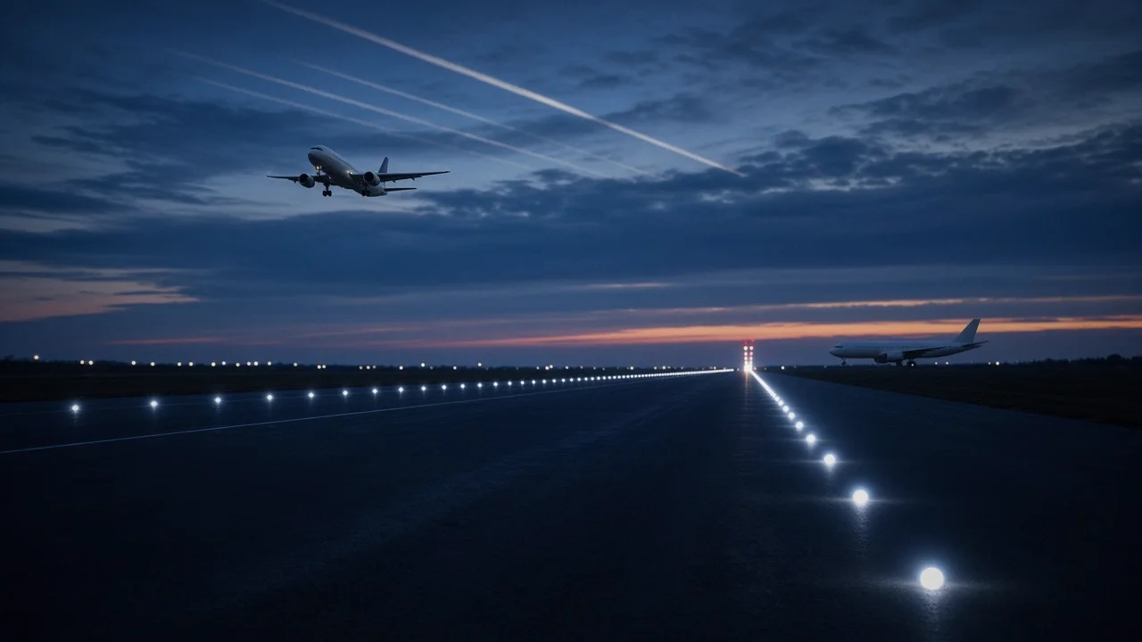 A simple diagram of a runway painted with the numbers 09 and 27 at opposite ends, aligned with compass directions.