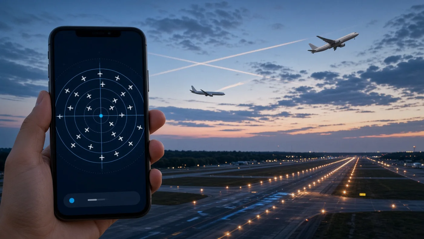 A smartphone showing a radar-style live aircraft view