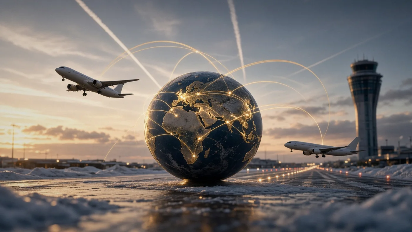 A globe with glowing arcs, worldwide flight paths
