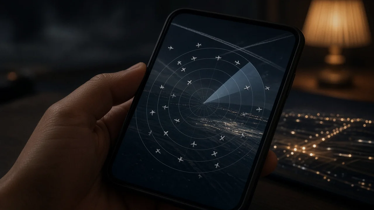 A simple split illustration showing a radar-style circular display on one side and a flat world map with flight paths on the other.