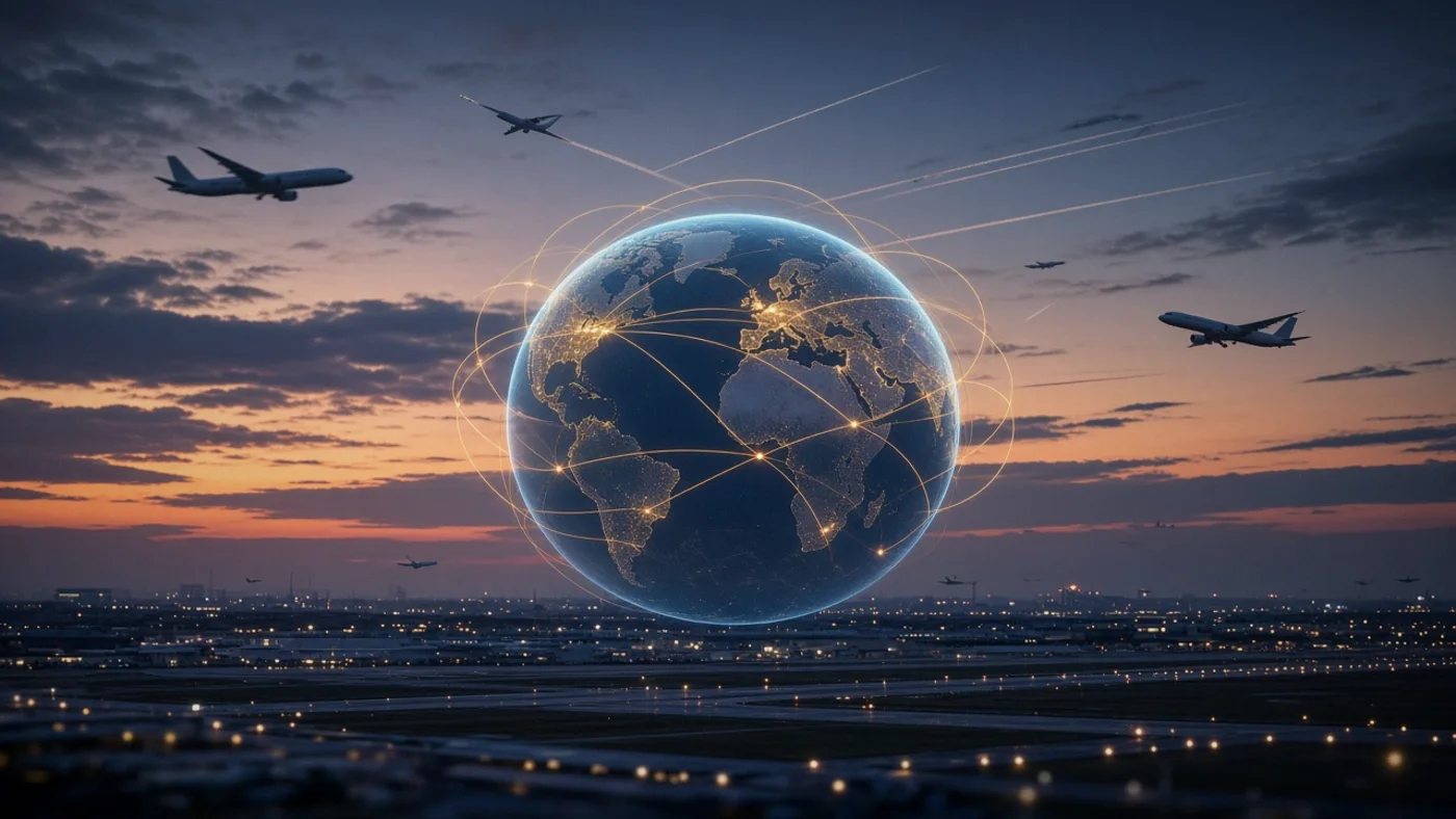 A globe with glowing arcs, worldwide flight paths