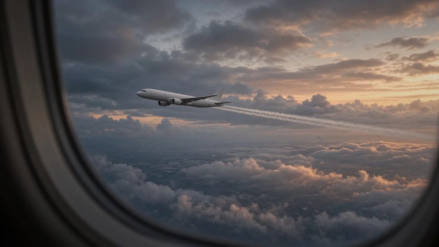 A passenger airliner in a dusk sky with a contrail