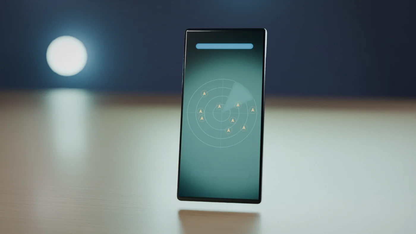 A smartphone showing a radar-style live aircraft view