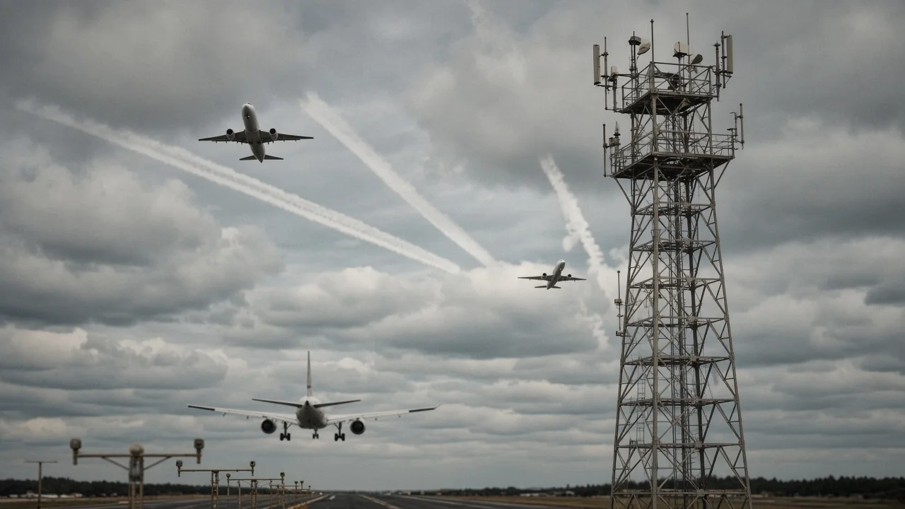 A simple illustration of an aircraft sending a signal down to a small ground antenna, which passes data along to a smartphone screen.