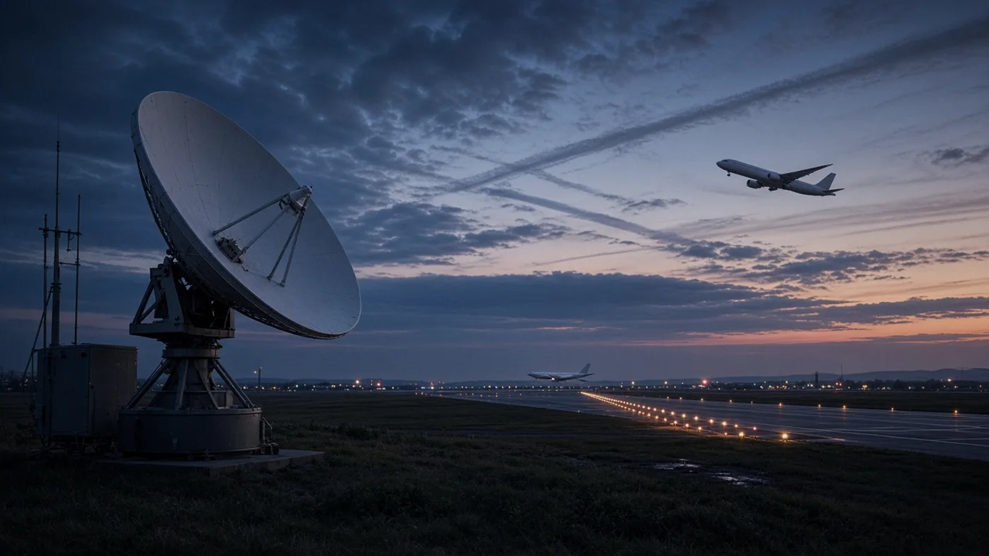 A receiver dish antenna against the evening sky