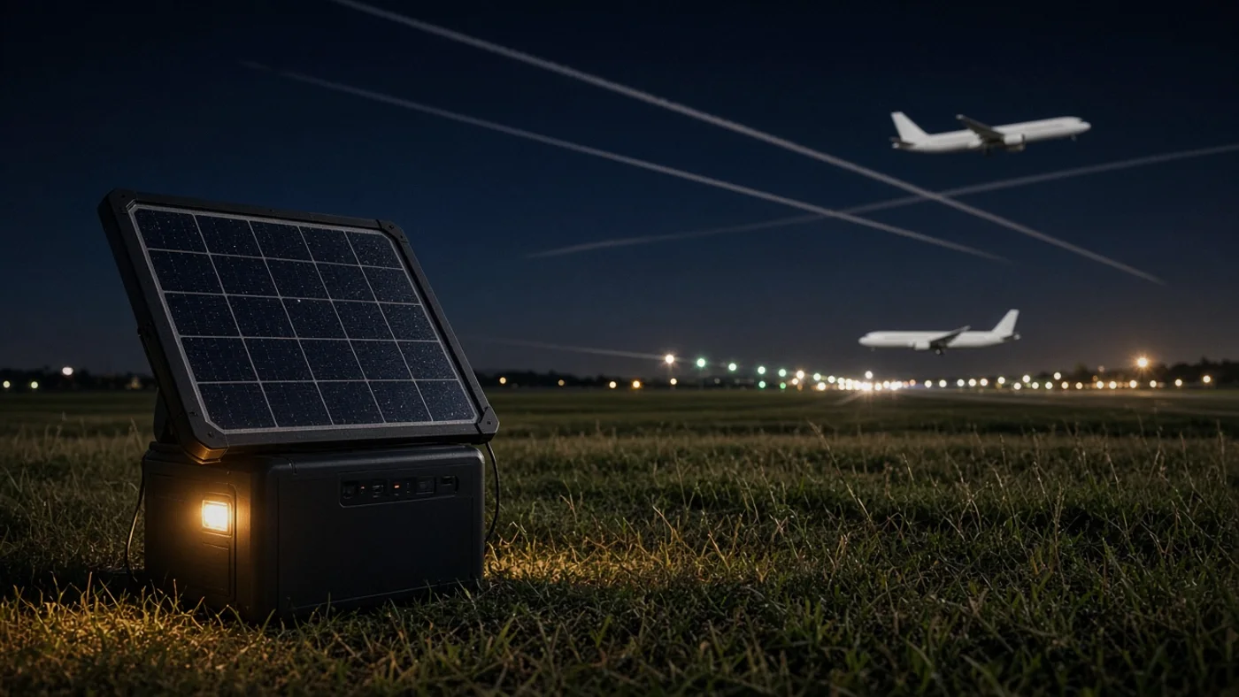 A portable solar panel and battery in a field, for outdoor spotting