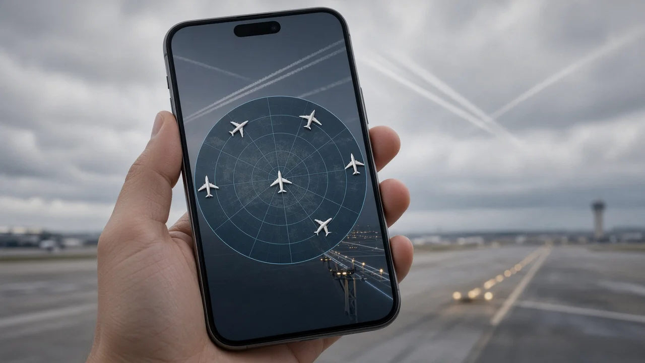 A simple illustration of a smartphone showing a radar-style live aircraft view against a dusk sky.