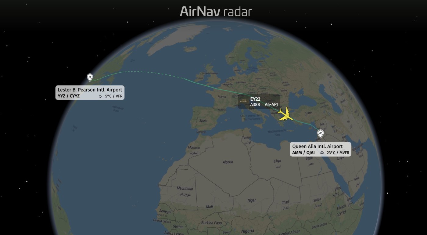 Etihad Airways A380 from Toronto diverted to Amman