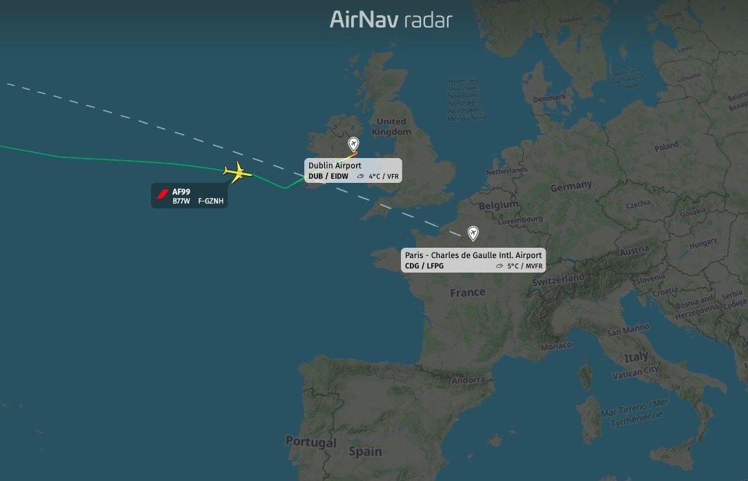Air France flight AF99 to Paris declared an emergency and just diverted to Dublin