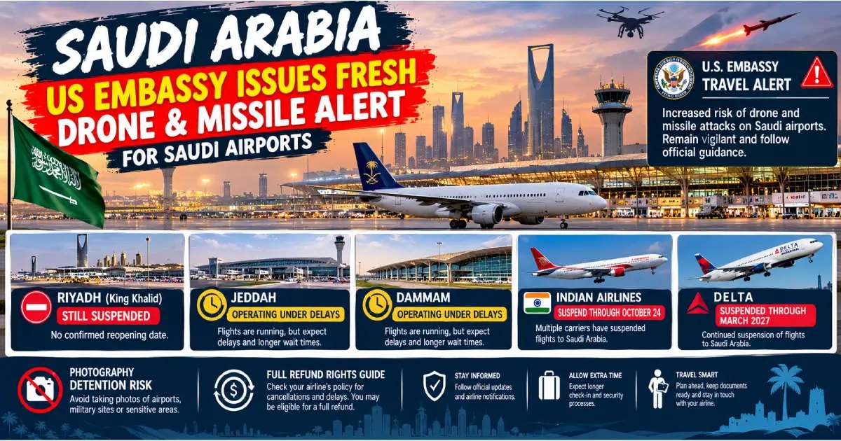 Riyadh Airport Reopens as US Embassy Warns of Missile and Drone Risks