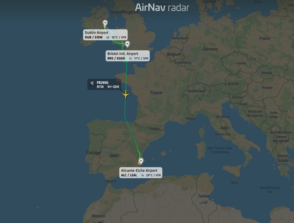 Ryanair flight from Dublin to Bristol diverted to… Spain
