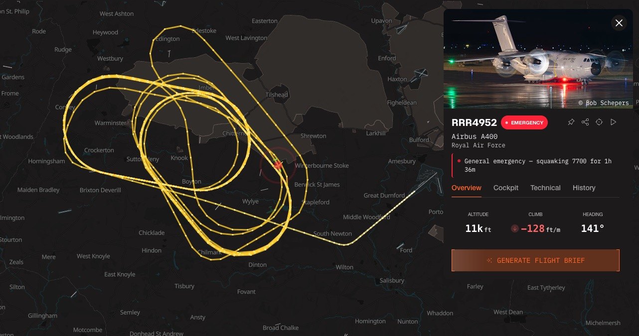 An RAF A400M is holding for hours over the UK after it declared an emergency