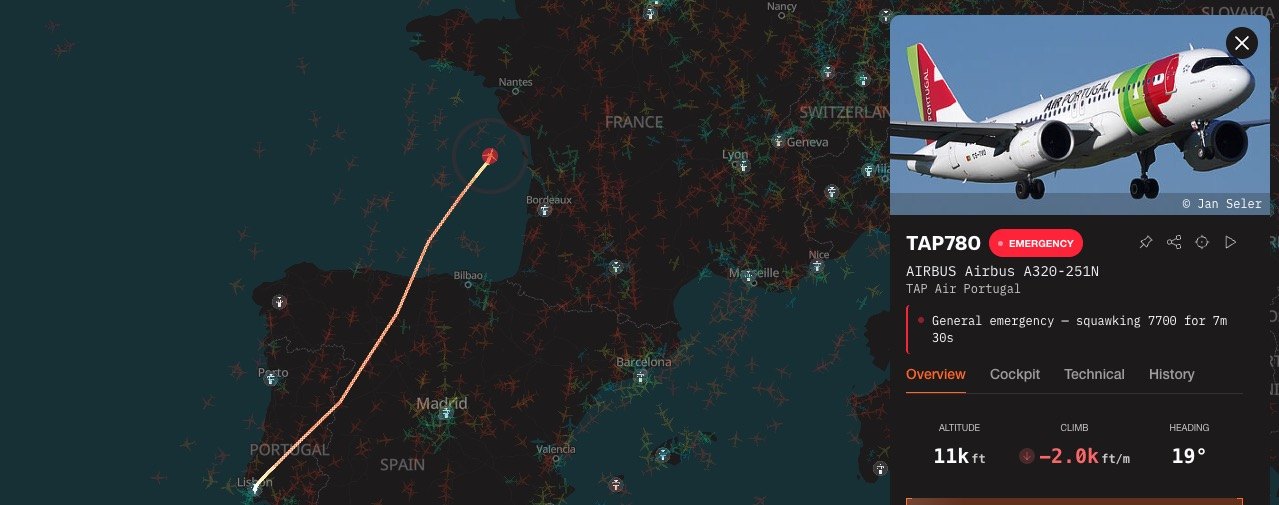 TAP flight TP780 is declaring an emergency and diverting to France
