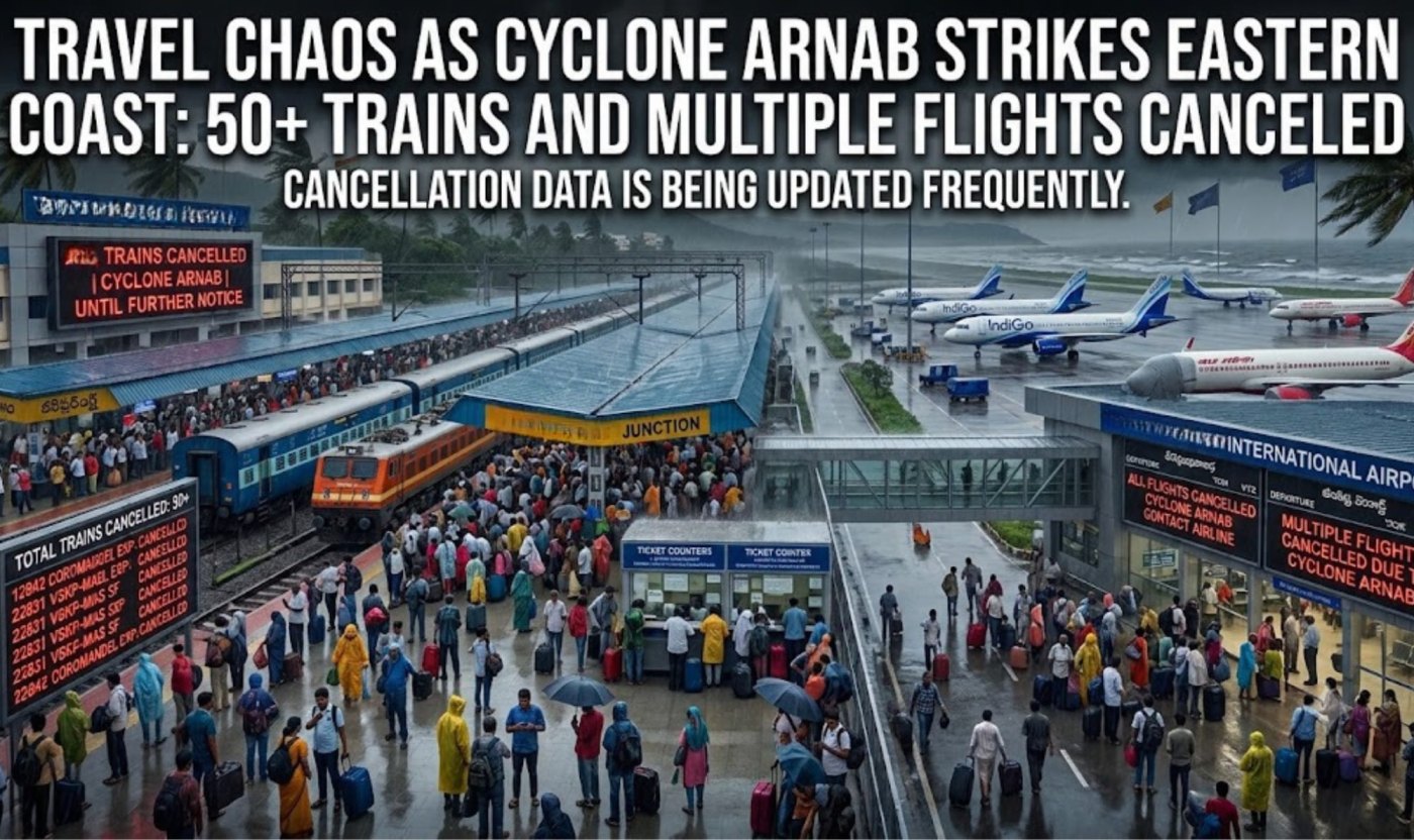 Travel Chaos as Cyclone Arnab Strikes Eastern Coast: 50+ Trains and Multiple Flights Cancelled
