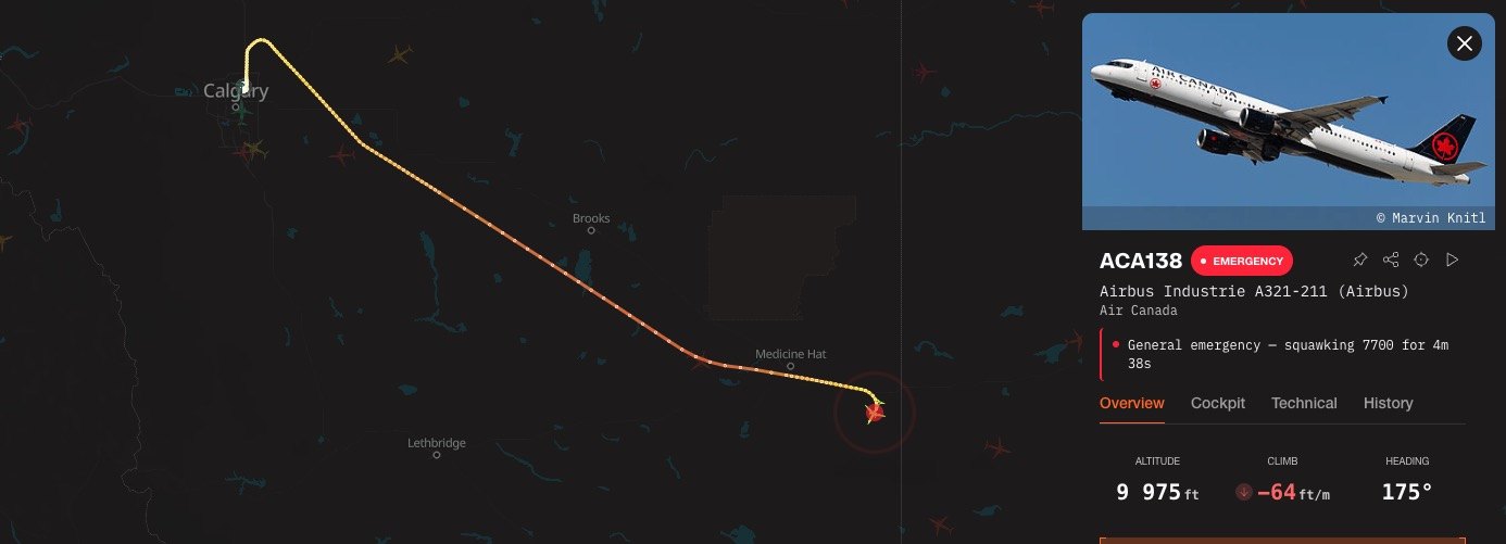 Air Canada flight AC138 is declaring an emergency after takeoff and returning to Calgary